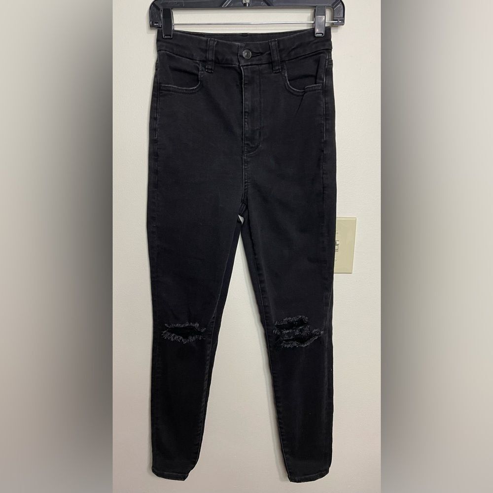 American Eagle Strech Distressed Curvy Highest Rise Jegging Black Jean Pant Sz 2